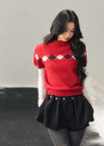 AOMALM knit sweater, winter knit top women, Korean style sweater, semi high neck sweater, argyle knit top, red winter sweater, short sleeve knit winter, feminine knit top, soft winter sweater, holiday knit top, Korean fashion winter, slim fit knit sweater, layering winter top, cute winter sweater women, Christmas knit sweater, aesthetic knitwear