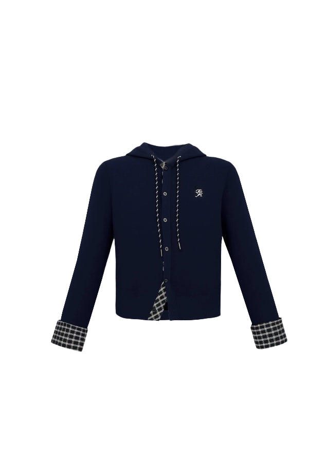 Fragile Heart knit cardigan, plaid patchwork hoodie, Korean girly knit top, layered look knit cardigan, soft feminine hoodie, navy plaid knit jacket, cute Korean hooded cardigan, romantic winter knitwear, cozy patchwork sweater, feminine layered knit top, AW Korean fashion knit hoodie