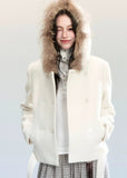 Fragileheart wool coat, cropped fur collar jacket, luxury Korean fashion, quiet luxury womenswear, beige tweed coat, pastel noir aesthetic, elegant winter outfit, short wool coat, K-fashion 2025, feminine outerwear, belted cropped jacket, modern Korean coat, soft winter fashion, sophisticated neutral outerwear
