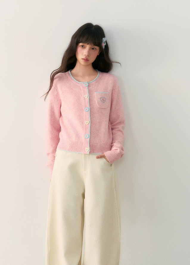 pastel cardigan, heart embroidery knit, contrast trim sweater, Korean girly fashion, AW soft knitwear, umoumo aesthetic cardigan, sweet colored yarn knit, pastel blue cardigan, cute heart badge knit, feminine Korean outfit, loose cozy knit jacket, pink button cardigan, soft winter knit, Fragileheart aesthetic, girly pastel style, cute short cardigan, warm autumn winter knit top, Korean cute girl sweater