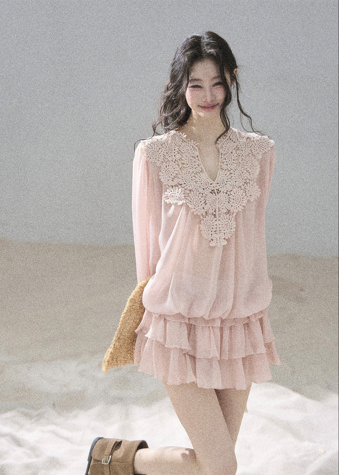 Blush pink lace blouse and ruffle mini skirt two-piece set