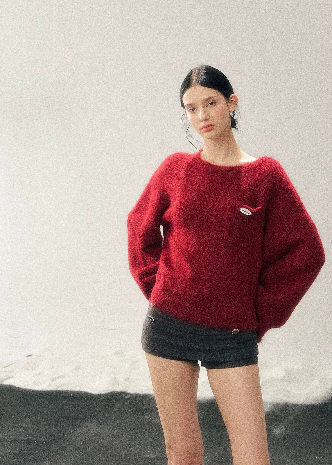 AOMALM sweater, red mohair sweater, women winter knit top, French style sweater, Korean aesthetic knit, soft feminine sweater, fluffy winter sweater, mohair pullover women, holiday red sweater, New Year knit top, cozy winter top women, elegant knitwear women, warm mohair sweater, romantic winter outfit, soft texture sweater, winter fashion women
