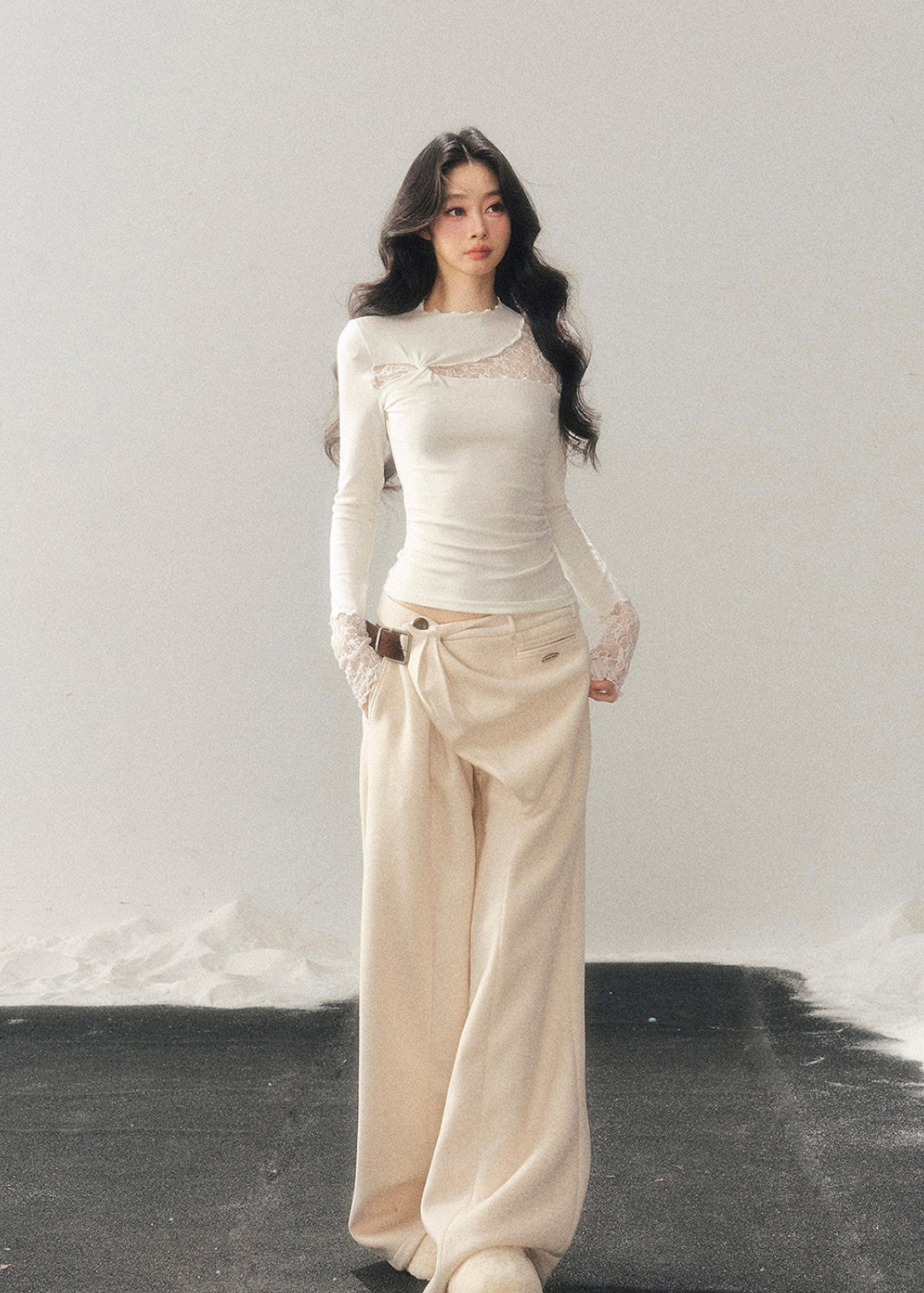 AOMALM lace top, semi turtleneck lace shirt, sheer knit women top, winter slim fit top, Korean feminine top, French style lace blouse, sexy winter base top, women layering top, hollow lace knit shirt, elegant winter inner top, slim silhouette knitwear, soft feminine fashion, Korean aesthetic clothing, winter lace turtleneck, women slim knit top