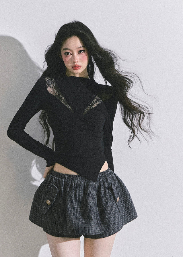 lace knit top, asymmetrical lace top, irregular cut long sleeve, Korean fashion top, Korean lace blouse, sexy lace T-shirt women, elegant lace knitwear, autumn lace top, sheer lace long sleeve, hollow lace shirt, Korean street style tops, Korean chic fashion, French style lace blouse, lace cutout top, women's fall lace shirt, aesthetic long sleeve top, Y2K lace top women, slim fit lace knit top, trendy lace long sleeve
