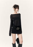 Black backless mini dress set with sheer long sleeves and crossed back straps