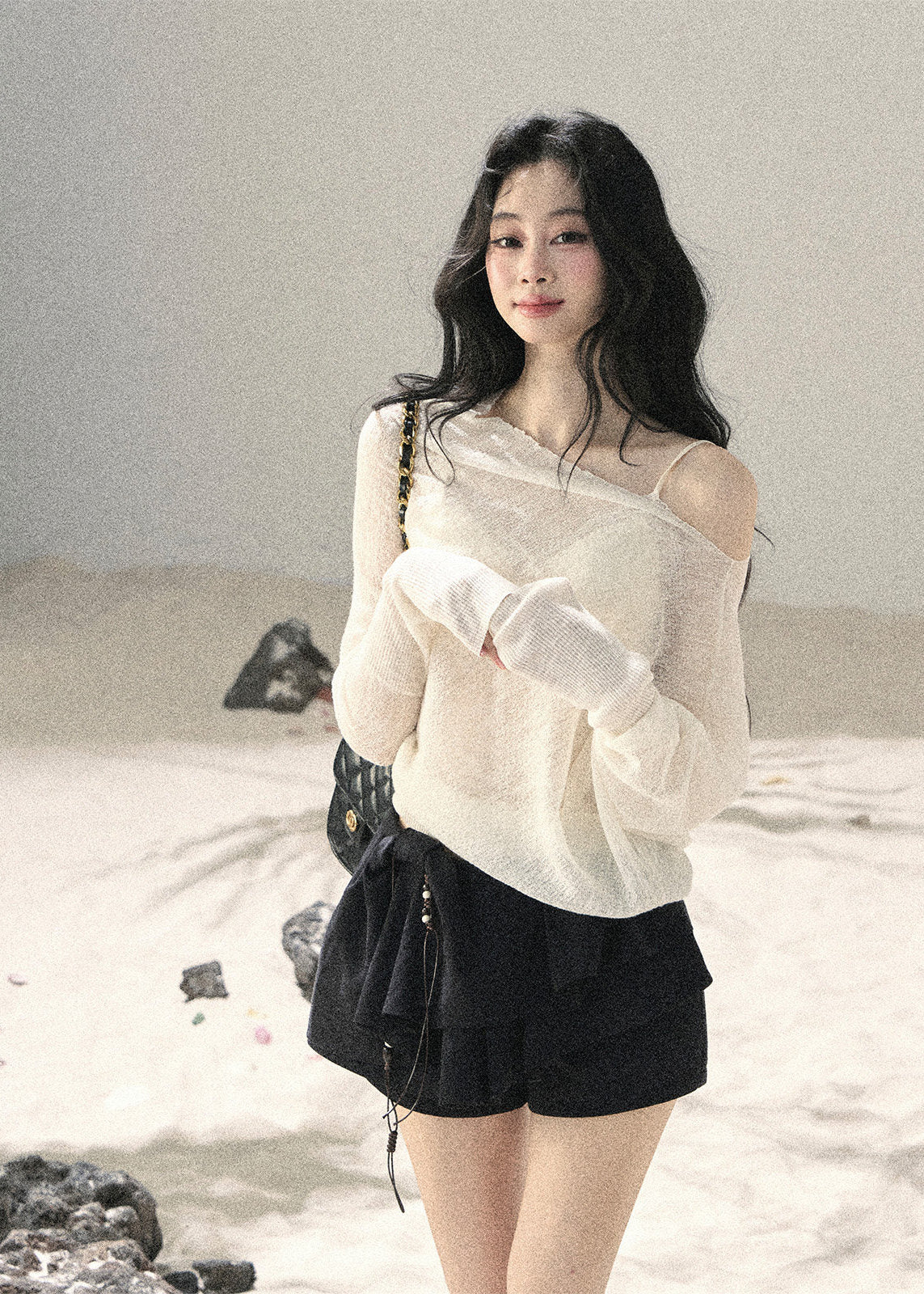 aomalm top, sheer off shoulder top, sunscreen cover up top, korean feminine top, loose summer top, translucent cover up, hazy fog top, pure desire top, asymmetric sleeve top, summer layering top, feminine korean fashion, resort cover up blouse