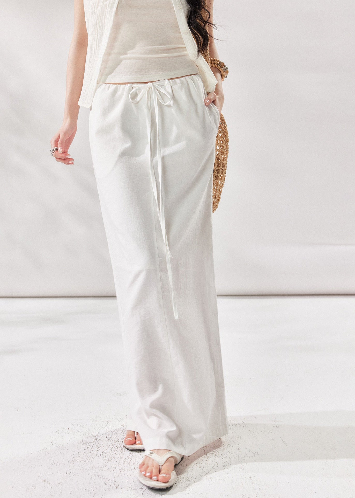 white linen skirt, high waist maxi skirt, drawstring skirt women, korean fashion skirt, long straight skirt, minimalist summer skirt, relaxed summer outfit, white maxi skirt women, linen blend skirt, vacation skirt outfit, casual elegant skirt, soft drape skirt