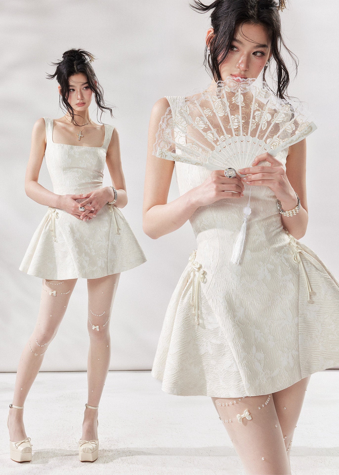 ivory a line dress, square neck dress women, white summer dress, french style mini dress, korean fashion dress, romantic summer dress, sleeveless a line dress, vacation dress women, feminine summer outfit, elegant casual dress