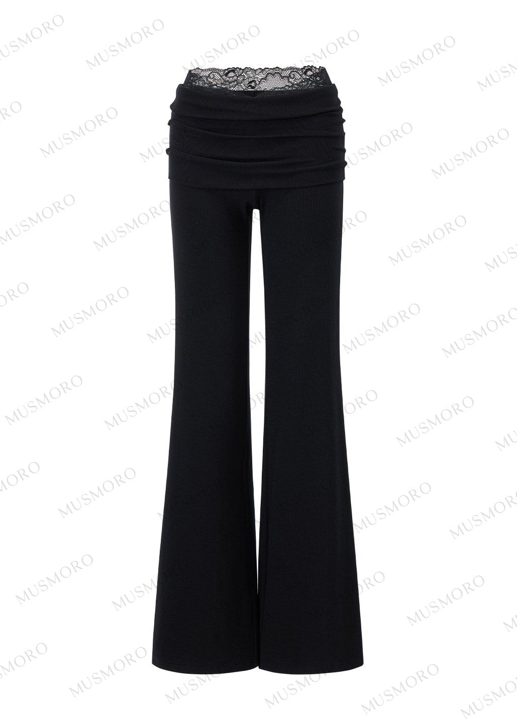 Black lace waistband flare pants with elegant draped silhouette