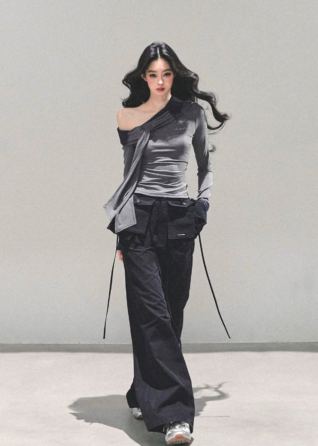 AOMALM top, Korean knit top, asymmetrical shoulder shirt, slanted shoulder knit, fake two-piece top, autumn winter women’s top, Korean fashion 2025, slimming knit shirt, asymmetric long sleeve top, feminine Korean style clothing, off-shoulder knit, layered look top, trendy knitwear women, soft knit t-shirt, daily Korean outfit, plaid contrast knit top, aesthetic knit top, elegant slim fit top, K-fashion tops women, winter stylish knit top, hot girl knit shirt