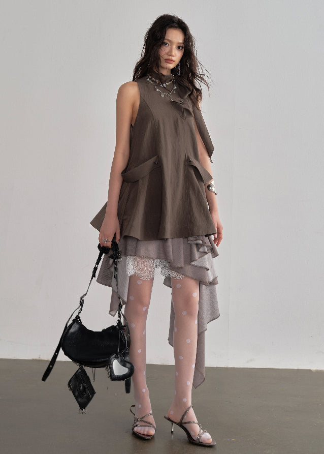 JNYLON detachable cape sundress women, Korean stylish earth tone dress, modern Korean fashion layered dress, chic natural style sundress women, trendy Korean street chic outfit, playful layered earth color dress, lightweight Korean fashion sundress, urban fashion cape dress women, stylish Korean aesthetic sundress, fashionable natural style dress women