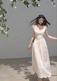 Cream lace waist maxi dress with cap sleeves