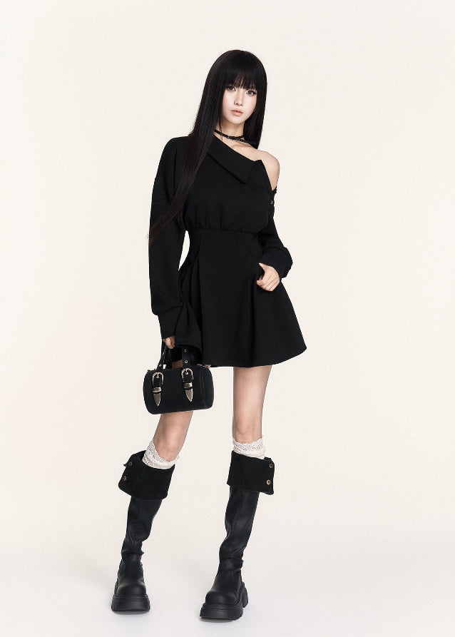 dark off shoulder dress, puffy skirt mini dress, VOCK winter dress, gothic waist slim dress, asymmetrical combat dress, dark femme street style dress, long sleeve off shoulder mini, edgy winter hot girl outfit, structured waist sweatshirt dress, black gothic mini dress, brown dark street dress, punk girl dress, VOCK aesthetic clothing, winter street fashion dress, slim puffy skirt dress, combat chic mini dress