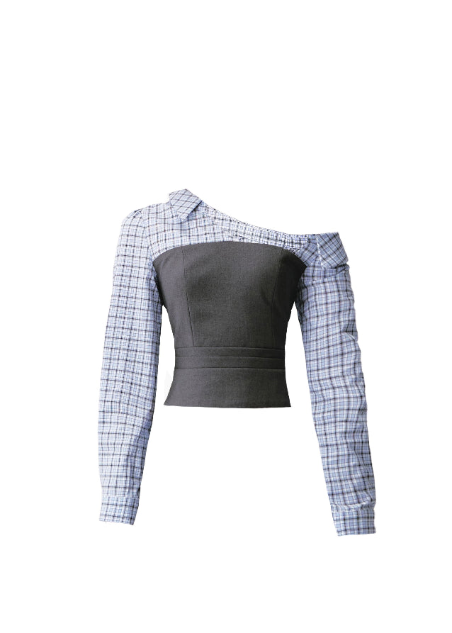 Where intellect meets allure — the Philosophical Trajectory Set redefines structured femininity through sculpted tailoring and poetic imbalance. The asymmetric neckline bares one shoulder in quiet defiance, merging plaid intellect with charcoal precision. Designed for the woman whose grace carries both thought and edge.