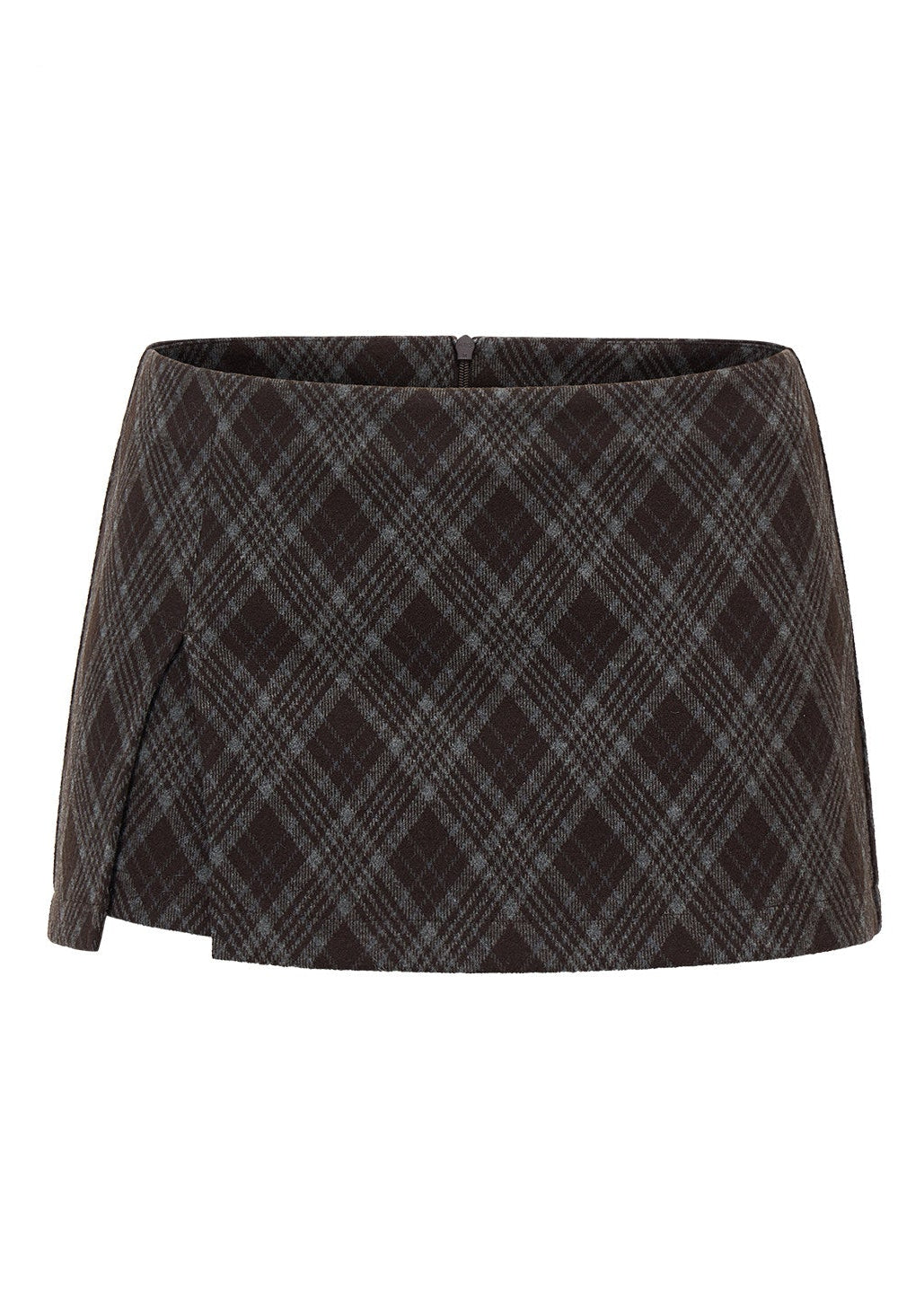 Brown plaid mini skort with front slit and vintage-inspired pattern