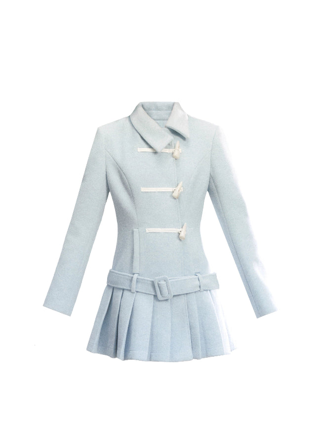 Fragileheart wool coat set, pleated skirt outfit, luxury Korean fashion, horn buckle jacket, fog blue winter coat, ivory tweed ensemble, quiet luxury womenswear, pastel noir aesthetic, elegant two-piece outerwear, K-fashion 2025, structured feminine style, sophisticated winter outfit, belted coat dress, modern romantic fashion
