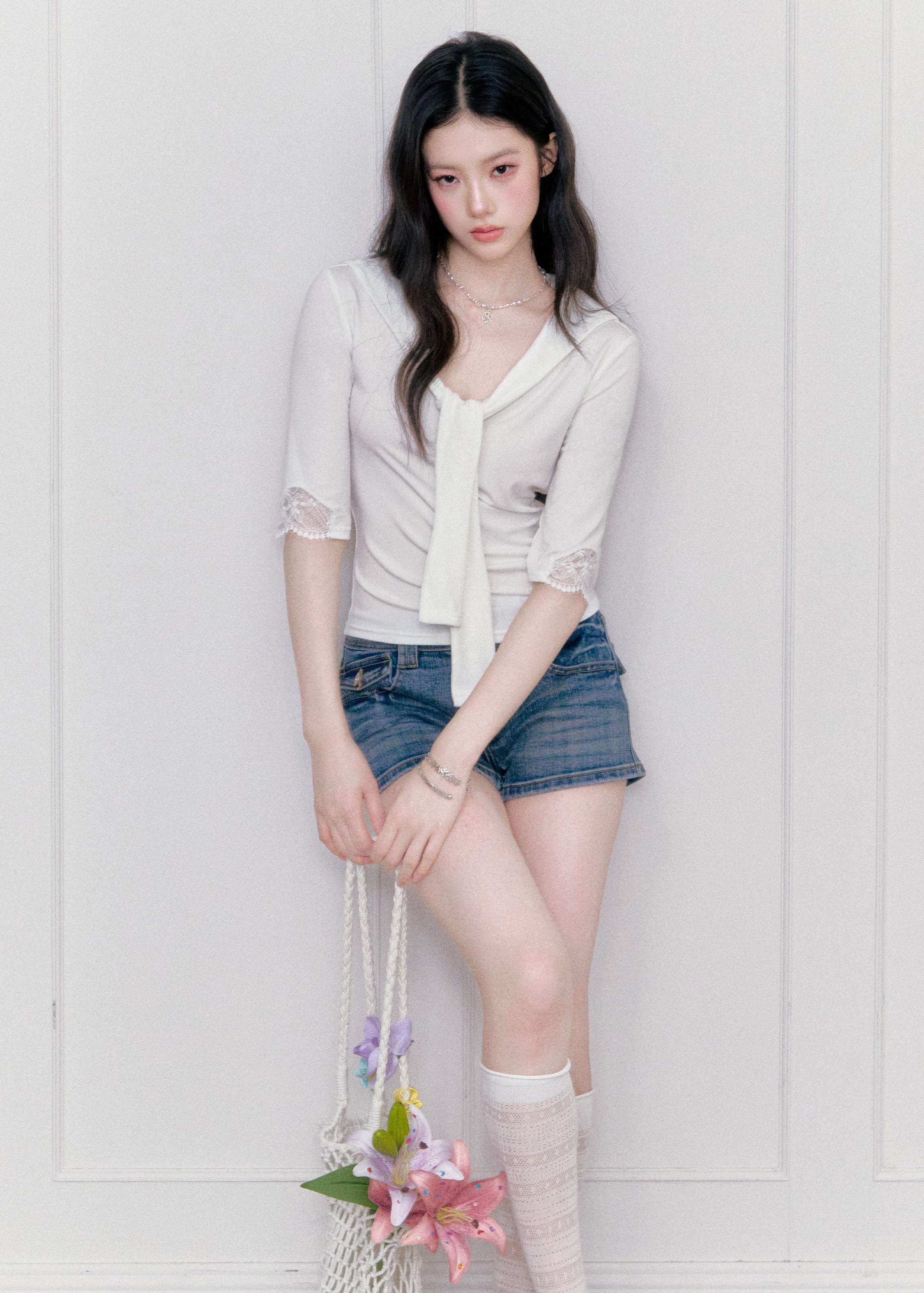 fragileheart top, white lace tie top, korean feminine top, pure desire lace top, slim lace t-shirt, tie neck top women, glass candy top, feminine korean fashion, lace summer top, soft white blouse, romantic fitted top, korean summer outfit