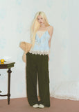 lace satin camisole, lyocell camisole top, blue camisole top, feminine lace cami, Korean style camisole, romantic satin top, lace trim cami, soft blue top, summer camisole women, first love outfit top, satin lace top women, elegant camisole top, lightweight lyocell top, feminine Korean fashion top, date outfit camisole