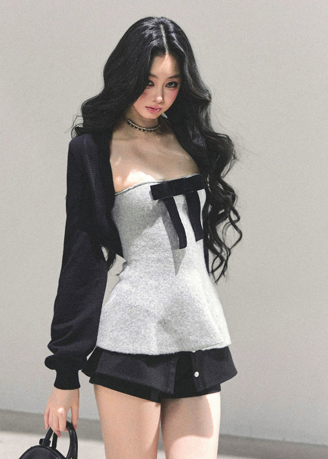 AOMALM top, French princess top, bow bustier vest, peplum vest top, knit bolero set, Korean feminine outfit, autumn winter top set, layered two-piece top, elegant ribbon top, princess style fashion, Korean winter fashion, peplum silhouette top, feminine streetwear, chic knit shawl, bow detail vest, trendy Korean tops, winter layering tops, romantic French outfit, stylish two-piece women, soft knit bolero, AOMALM new collection