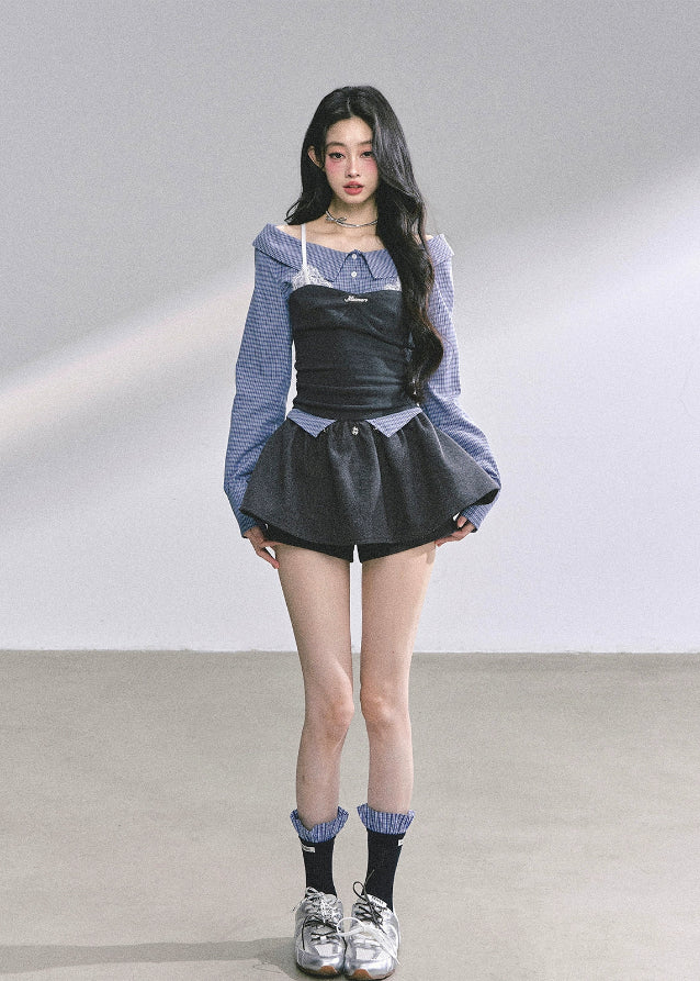 korean plaid lace top, fake two piece long sleeve shirt women, seoul preppy style top, korean fashion lace blouse, korean streetwear outfit women, hot girl korean fall top, korean university girl outfit, elegant plaid layered shirt, modern korean chic fashion, lace detail korean blouse, autumn preppy korean top, korean plaid shirt outfit, french korean style fashion, checkered long sleeve lace top, stylish korean office wear women