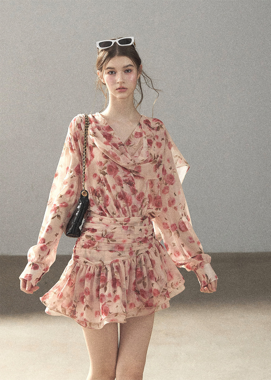 Pink floral chiffon mini dress with long sleeves