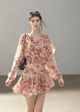 Pink floral chiffon mini dress with long sleeves