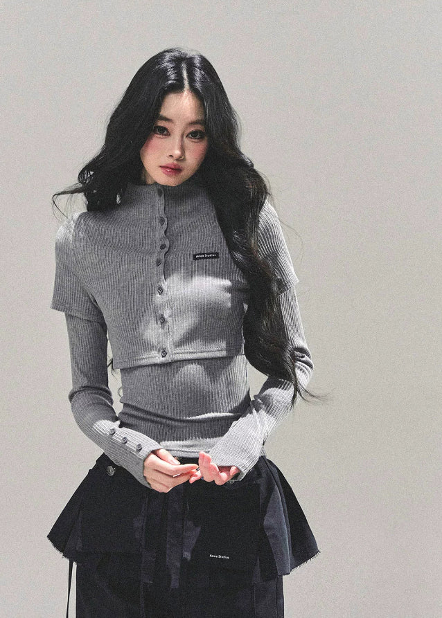 soft fall knit top, layered knit shirt, Korean style two-piece top, AOMALM knitwear, fall winter slim top, ribbed knit T-shirt, long sleeve layered tee, Korean fashion top women, street style knit shirt, casual chic knitwear, semi-turtleneck top women, autumn slim fit shirt, trendy Korean outfits, stretch knit top women, ribbed two-piece illusion top, winter layering tops, stylish knit T-shirt women, neutral gray knit outfit, daily Korean look, feminine knit top