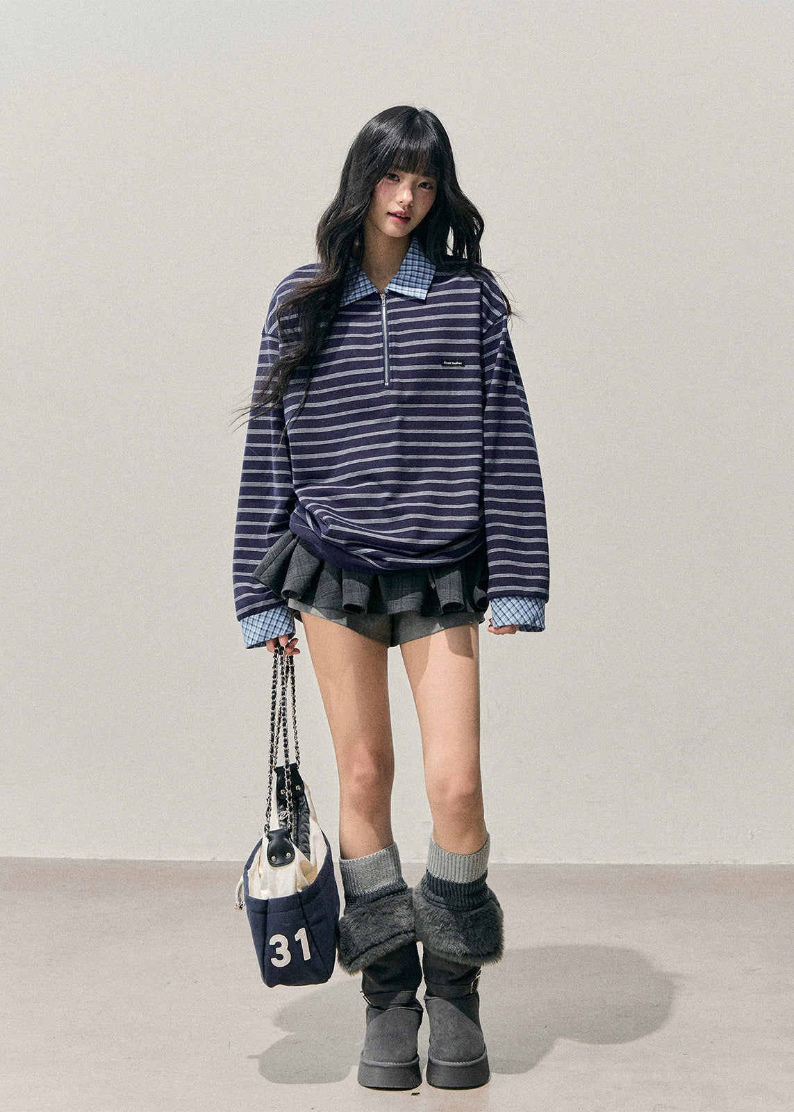 fake two top, layered polo knit, striped long sleeve top, AOMALM top, Korean fashion knit, winter striped polo, preppy layered shirt, women’s fake two sweater, soft knit pullover, autumn winter tops, Korean aesthetic outfit, American striped tee, polo collar knit, layered look sweater, casual winter knit top, streetwear Korean top, feminine preppy clothing, blue striped knit, layered illusion top