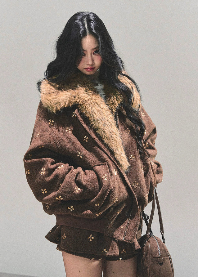 Whisper of Snowfall set, Maillard wool suit, Korean winter outfit, two-piece wool set, faux fur collar jacket, winter skirt set, AOMALM wool outfit, embroidered wool jacket, warm winter coordinates, Korean fashion winter set, cozy jacket and skirt set, feminine winter outfit, stylish wool two-piece, warm Maillard tone outfit, luxury winter clothing, cute winter suit women, Korean style jacket skirt set, soft wool winter wear, brown wool skirt set, fluffy collar winter jacket.