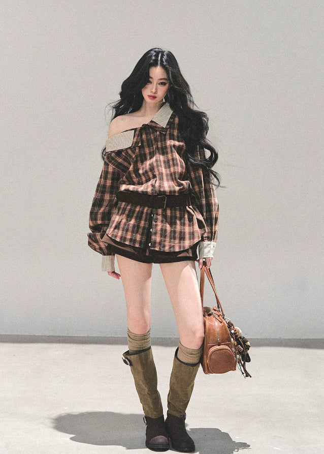 off shoulder plaid shirt, korean style plaid top, autumn winter plaid jacket, asymmetry neckline top, AOMALM plaid shirt women, street style plaid blouse, off shoulder check shirt jacket, korean fashion tops 2025, casual commuter shirt women, oversized plaid top, fall winter layering shirt, trendy checkered blouse womens, soft plaid jacket korean, chic off shoulder outerwear, brown plaid shirt jacket women