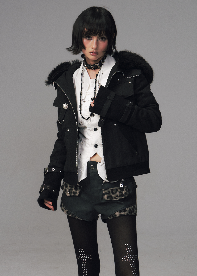 Frustration Garden jacket, edgy winter jacket, black fur hood coat, punk padded jacket, grunge winter outerwear, slim fit puffer coat, detachable fur hood jacket, street goth winter fashion, sand wash black coat, thick warm padded jacket women, alternative fashion outerwear