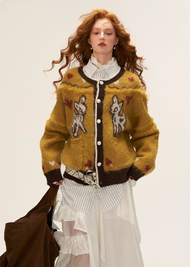 butterfly fawn cardigan, cute animal embroidery sweater, kawaii knit cardigan women, fairycore cardigan aesthetic, y2k cute knit sweater, fall 2025 cute cardigan, korean soft street knitwear, embroidered animal cardigan outfit, nowa tokyo kawaii fashion

