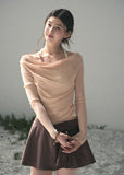 aomalm top, off shoulder top, halter layered top, korean fashion top, lyocell long sleeve top, feminine spring top, slim fit off shoulder blouse, romantic korean outfit, soft blue top women, fake two piece top, elegant casual top, spring summer top women