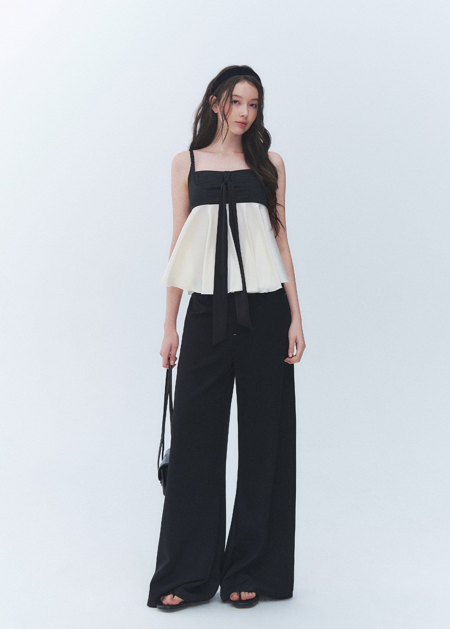 colorblock camisole top, black and cream cami, bow camisole top, vintage camisole women, Korean feminine top, babydoll cami top, flared camisole, romantic summer top, cream camisole blouse, simple vintage top, feminine Korean fashion, date outfit top, summer cami blouse, contrast color top, soft girly camisole