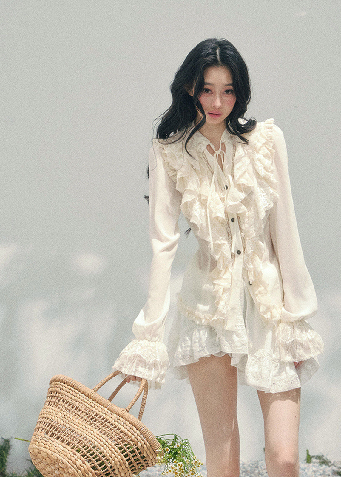 AOMALM ruffled lace blouse women, French court style spring top, feminine romantic lace shirt, Korean elegant sheer blouse women, quiet luxury romantic outfit, Parisian inspired ruffle lace top, delicate feminine spring blouse, romantic Korean French aesthetic clothing, lightweight chiffon lace shirt women, refined luxury womenswear blouse, elegant court style fashion top, soft luxury womenswear lace blouse, vintage romantic spring shirt, luxury Korean designer inspired clothing