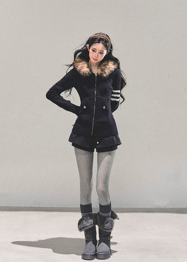 fur hood knit cardigan, black winter knit coat, twist sleeve knit top, hooded zip cardigan women, korean winter knit jacket, faux fur trim knitwear, long sleeve warm knit coat, fw25 street fashion knit, winter hooded sweater women
