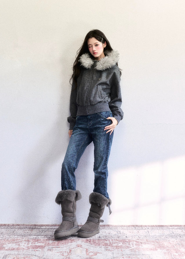 Fragile Heart fur collar hoodie, fluffy trim jacket, soft feminine winter hoodie, Korean girly zip-up coat, short cozy winter jacket, big fur collar sweatshirt, romantic warm hoodie, grey fluffy collar jacket, cute Korean outerwear, AW soft girl jackets, feminine winter hoodie coat