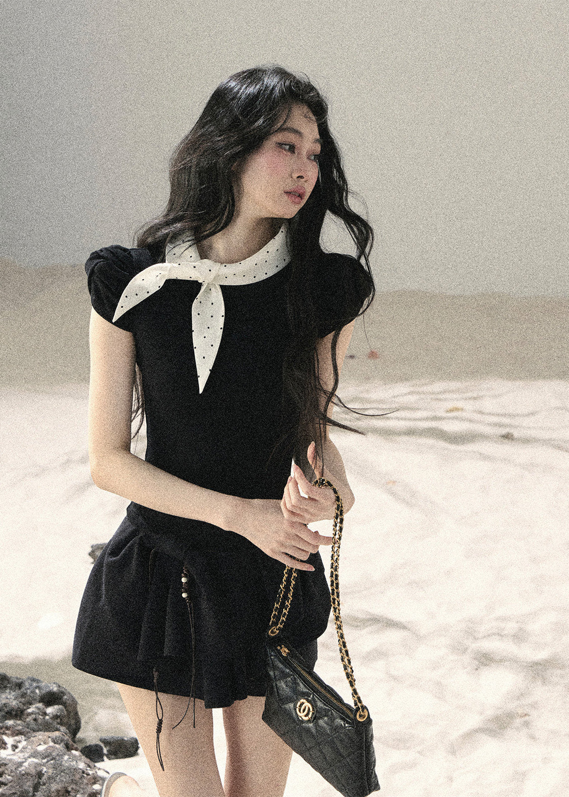 aomalm top, bow puff sleeve top, polka dot bow top, korean feminine top, french vintage top, black slimming top, puff sleeve t-shirt, waist defining top, feminine korean fashion, summer bow top, romantic black top, soft french style top