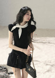 aomalm top, bow puff sleeve top, polka dot bow top, korean feminine top, french vintage top, black slimming top, puff sleeve t-shirt, waist defining top, feminine korean fashion, summer bow top, romantic black top, soft french style top