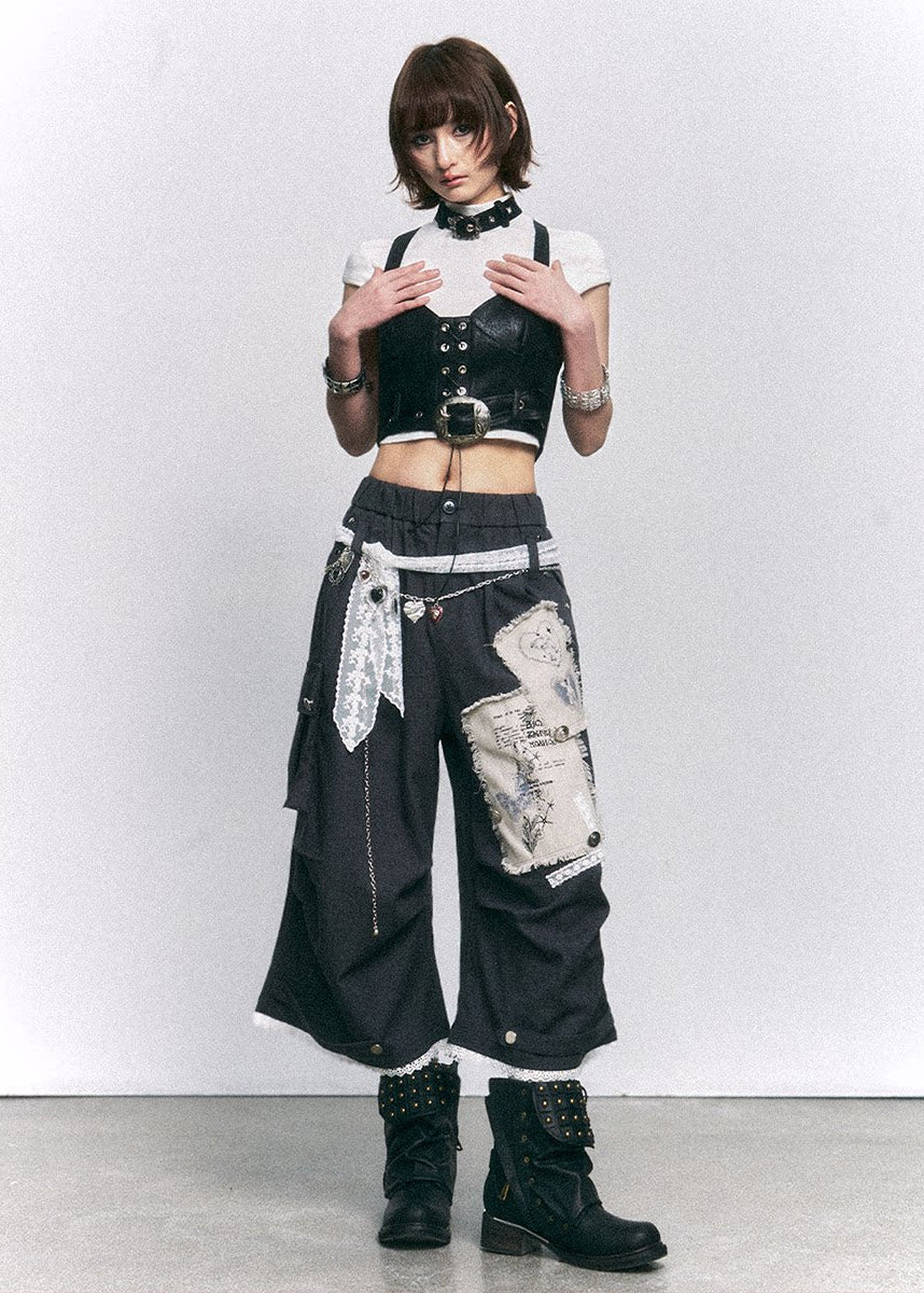 wide leg cropped pants women, patchwork pants women, distressed trousers women, grunge outfit women, edgy outfit women, street style pants, punk style clothing, y2k edgy outfit, alternative fashion women, deconstructed pants, raw edge trousers, urban streetwear women, lace panel pants, statement pants women, loose fit trousers women, rebellious fashion outfit, underground fashion women, utility style pants, mixed fabric pants, edgy streetwear women