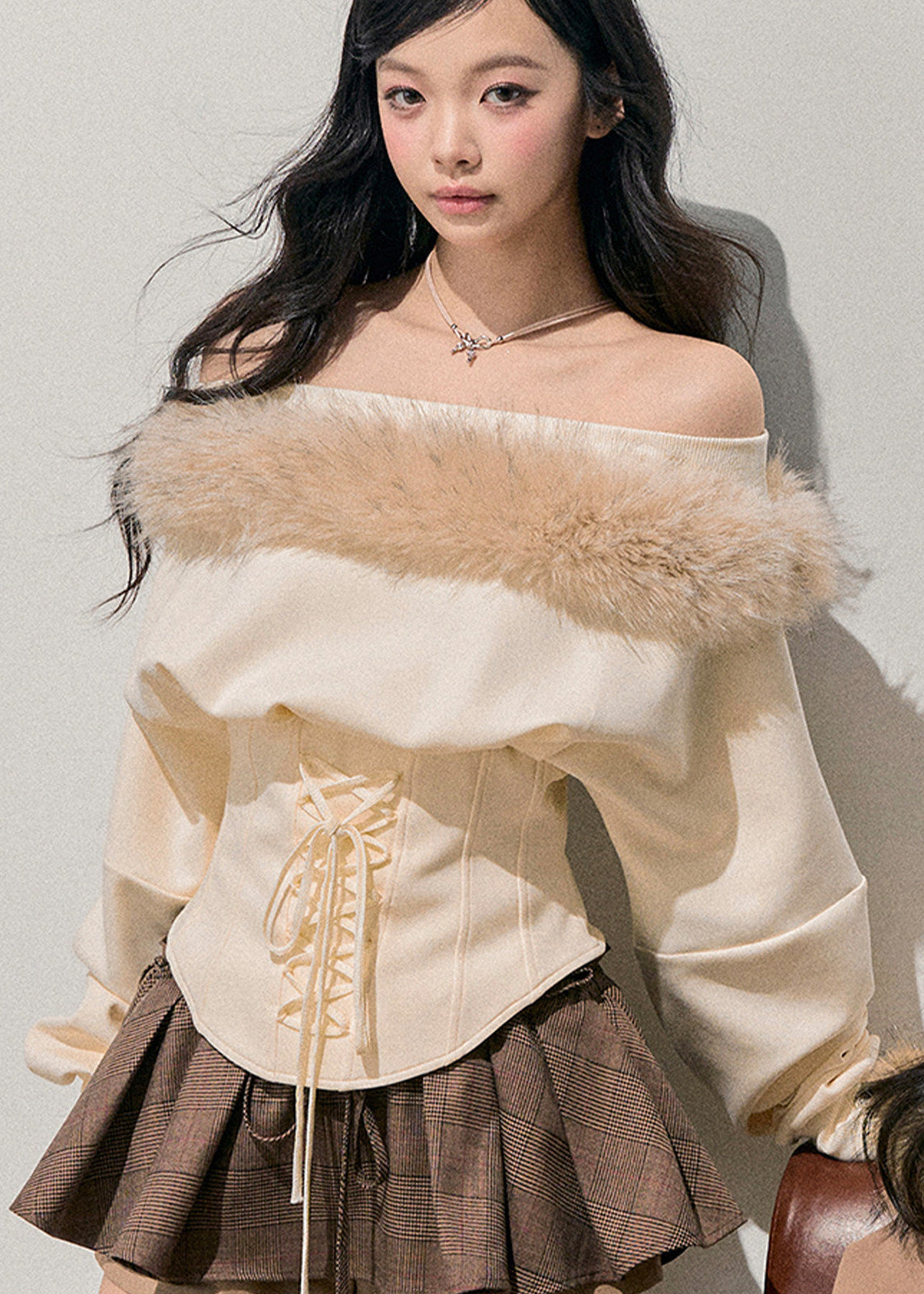 Korean feminine top, off shoulder knit top, winter plush top, fur trim sweater, waist slimming top, soft Korean style, women winter top, French inspired knitwear, cozy feminine top, elegant winter outfit, AOMALM top, faux fur trim shirt, romantic winter fashion, slim fit knit top, Korean aesthetic clothing, winter date outfit, soft girl style top, feminine corset top