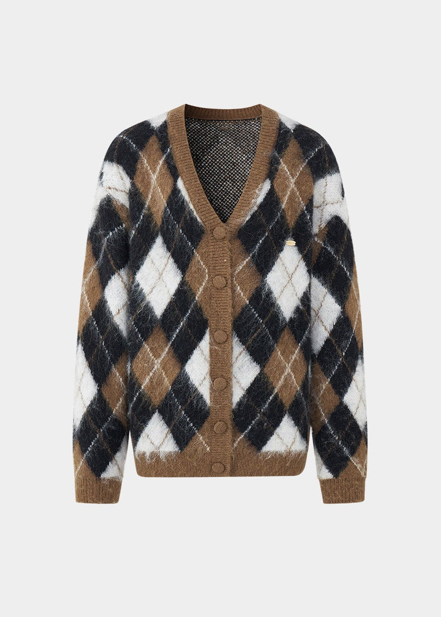 LaluneDuCiel argyle cardigan women, Korean feminine knit cardigan, collegiate style sweater women, vintage argyle knit cardigan, cozy oversized cardigan Korean fashion, soft academia knitwear women, elegant Korean style sweater, casual feminine cardigan outfit, spring knit cardigan women, chic Korean fashion knitwear