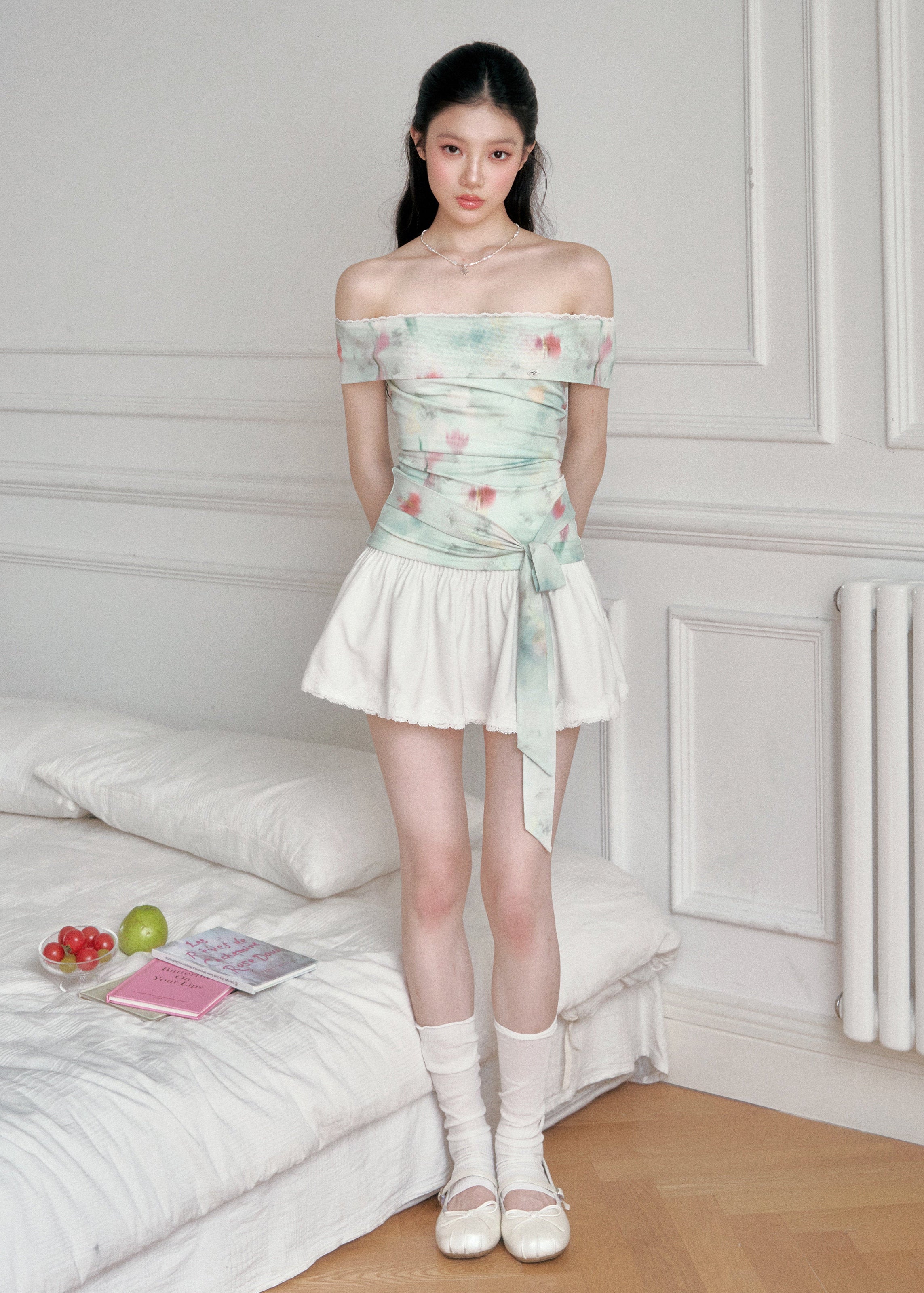 fragileheart top, floral off shoulder top, korean feminine top, mint floral top, slimming summer top, off shoulder t-shirt, romantic floral top, soft girl top, feminine korean fashion, summer date top, draped shoulder top, floral mesh top