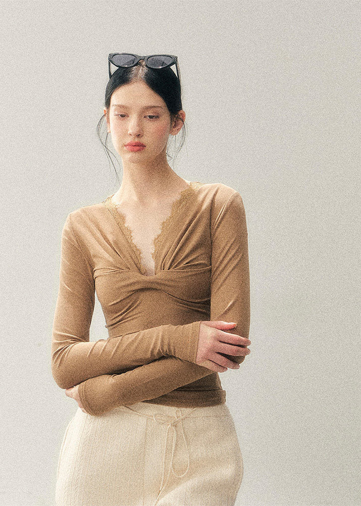 AOMALM lace top, long sleeve V-neck top women, slimming lace T-shirt, Korean feminine top, hot girl long sleeve top, autumn slim fit top, lace detail shirt women, soft stretch long sleeve, elegant V-neck top, Korean aesthetic clothing, fitted women’s top, lightweight fall top, feminine lace blouse, layering long sleeve top