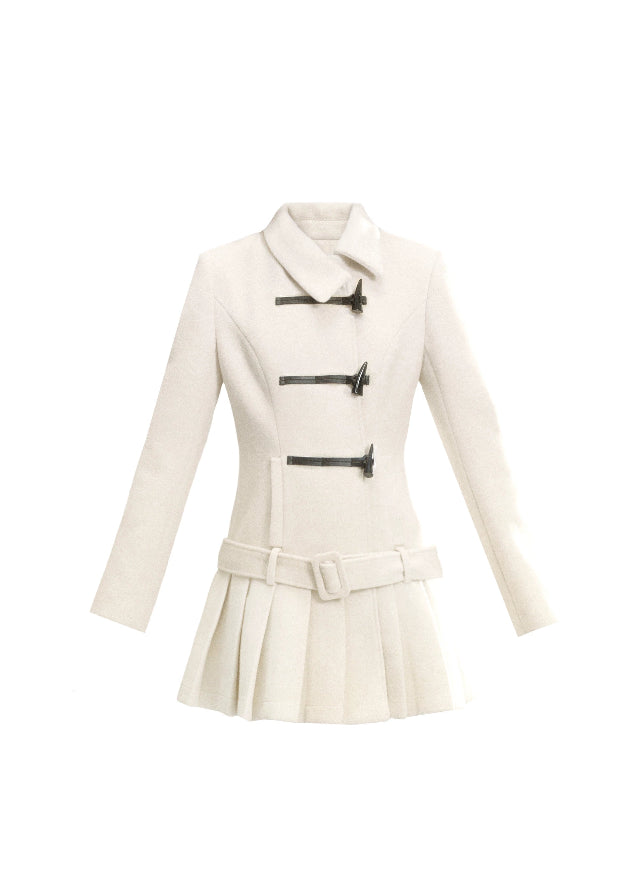 Fragileheart wool coat set, pleated skirt outfit, luxury Korean fashion, horn buckle jacket, fog blue winter coat, ivory tweed ensemble, quiet luxury womenswear, pastel noir aesthetic, elegant two-piece outerwear, K-fashion 2025, structured feminine style, sophisticated winter outfit, belted coat dress, modern romantic fashion
