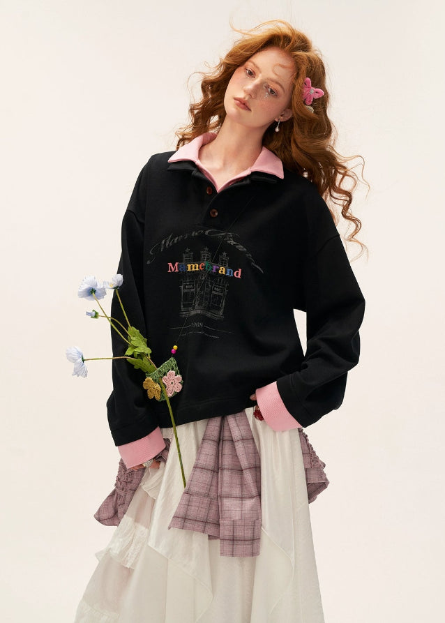 fake two piece polo sweatshirt women, button lapel layered top, american casual loose fit sweatshirt, 2025 street fashion women, korean sporty street top, preppy layered polo sweater, fake layer collar pullover, casual lapel sweatshirt outfit, nowa tokyo american street style
