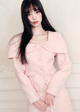 Fragileheart tweed set, pink bow jacket, luxury Korean fashion, elegant two-piece outfit, pastel tweed suit, quiet luxury womenswear, soft pink ensemble, French small fragrance style, K-fashion 2025, feminine office outfit, luxury tweed mini skirt set, romantic pastel look, modern elegant fashion, couture-inspired outfit
