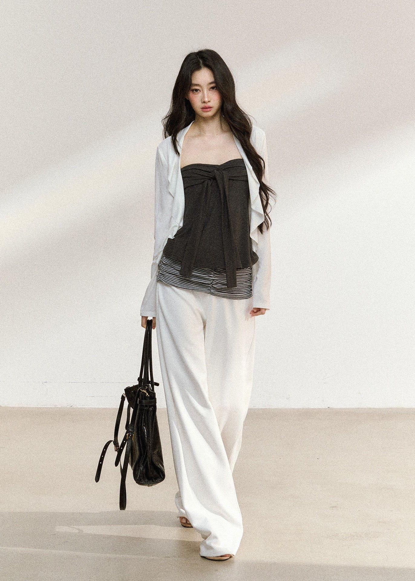 White wide-leg trousers with a ruched striped waistband