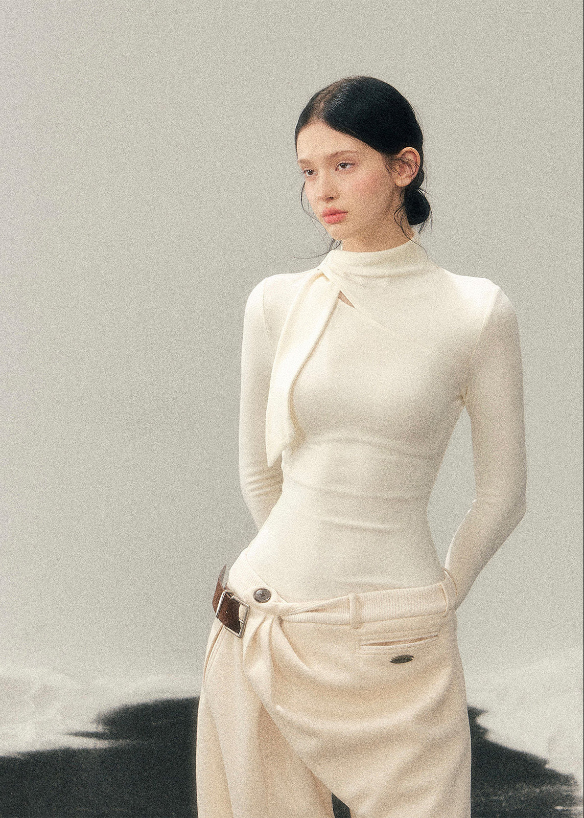 AOMALM semi turtleneck top, women winter base top, slim fit knit shirt, Korean style inner top, feminine long sleeve top, winter layering top women, soft knit turtleneck, minimal Korean fashion, stretch knit base shirt, elegant inner top, women autumn winter top, skin fit knitwear, neutral winter top, daily basic knit top, chic layering essential