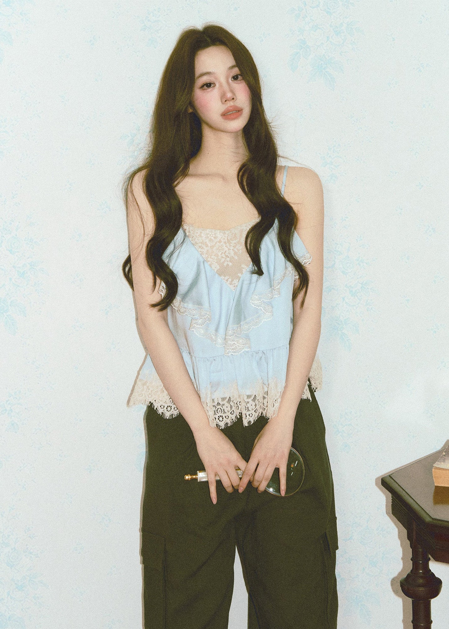 lace satin camisole, lyocell camisole top, blue camisole top, feminine lace cami, Korean style camisole, romantic satin top, lace trim cami, soft blue top, summer camisole women, first love outfit top, satin lace top women, elegant camisole top, lightweight lyocell top, feminine Korean fashion top, date outfit camisole